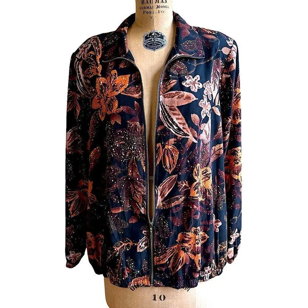 Vintage 90s Blair Light silky Brown floral full zip bomber jacket size large